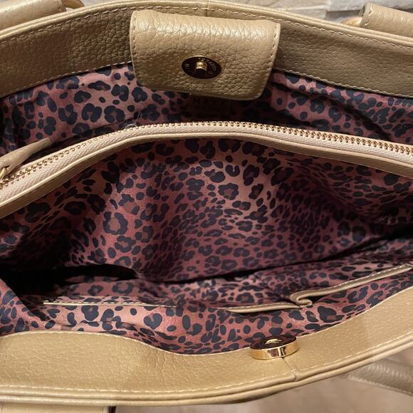 MAXX New York Pebbled Leather Satchel | Tan Neutral Gold Shoulder Leopard Tote - Picture 4 of 13